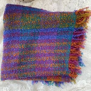 Vintage B&B Baar Beards Japan purple blue plaid knit shawl scarf fringe hem